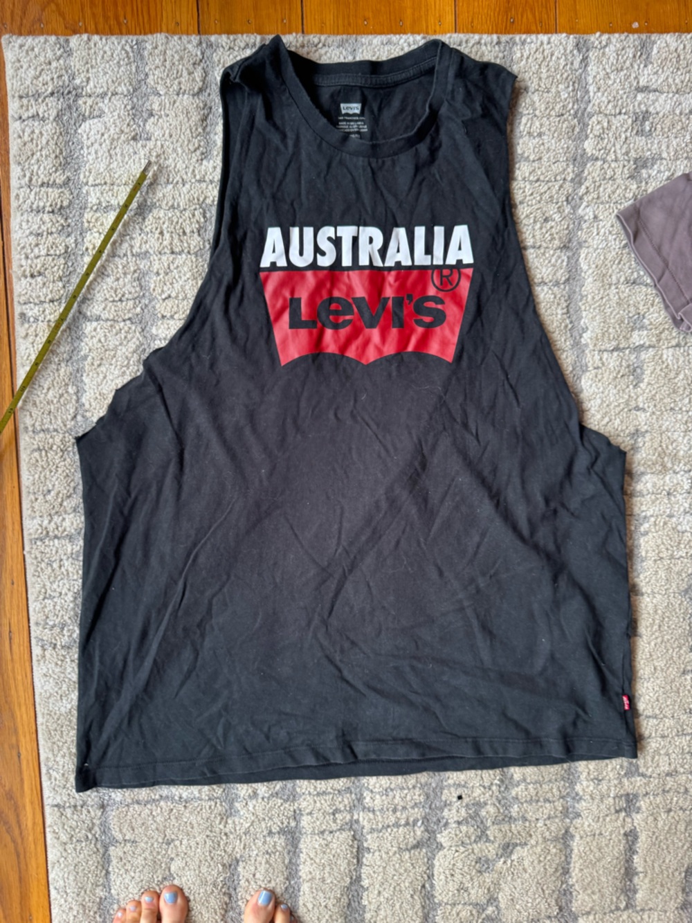Levi's Australia Black Muscle Tank with Red Logo and White Text